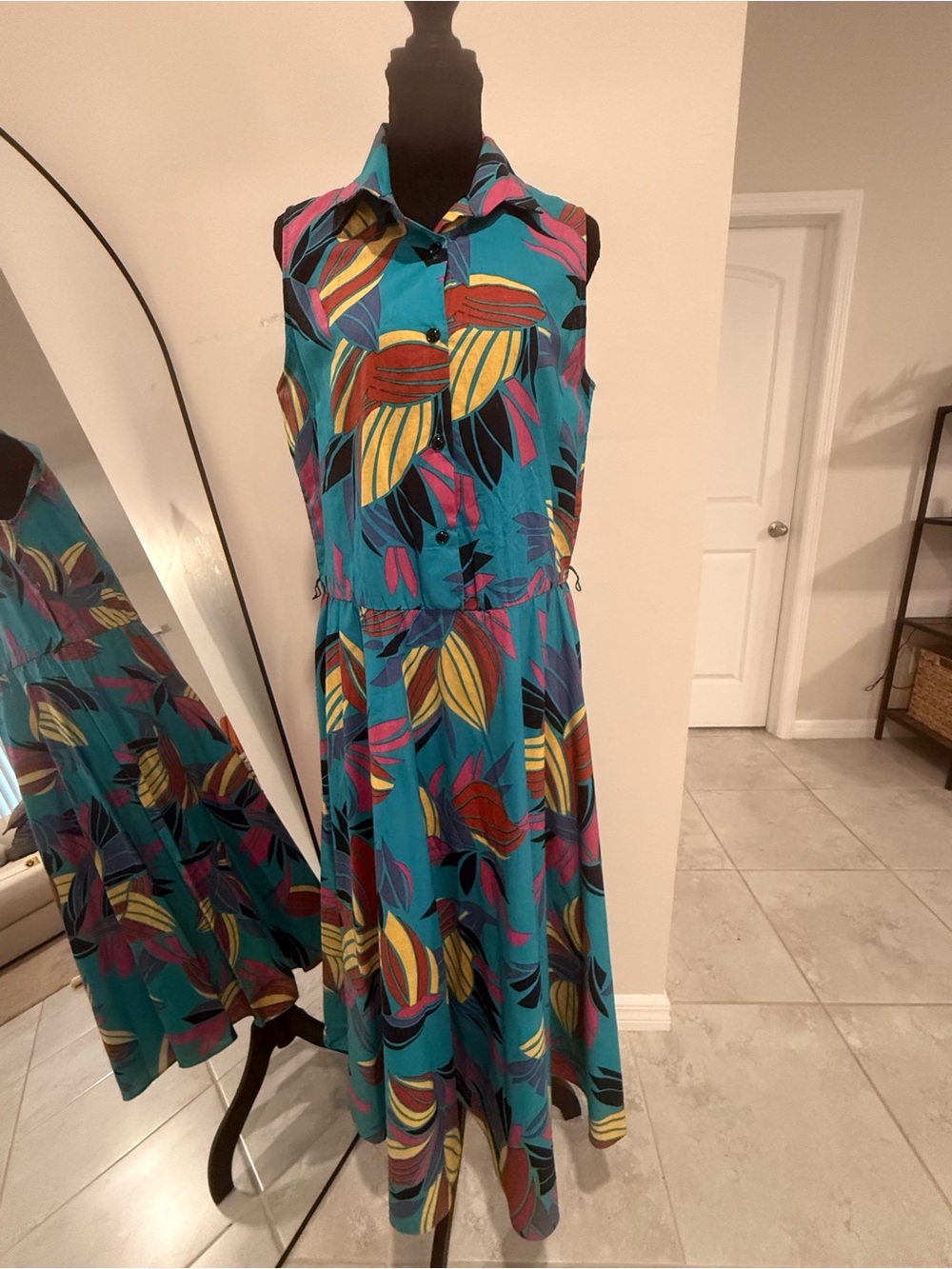 Sleeveless Teal Tropical Maxi Dress with Button-Front by Pepper Tree